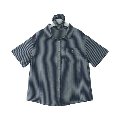 【H5222】實拍夏季休閒復古｜條紋口袋刺繡短袖襯衫＋髮圈250429