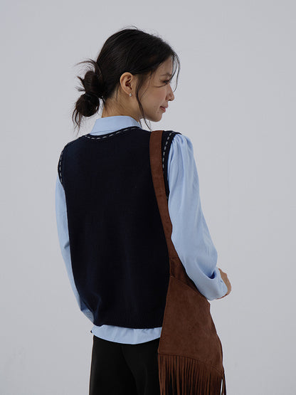 【LD3278】實拍小圓領長袖襯衫+條紋針織背心（分開下單）251103