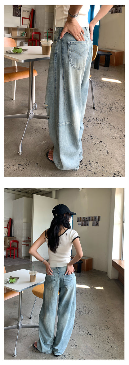【H5276】實拍不規則刷破牛仔褲 寬鬆顯瘦鬚邊長褲250520