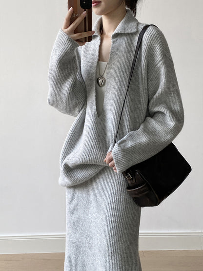 【YP680】 實拍深V慵懶毛衣＋針織長裙(含羊6%) 套裝251023