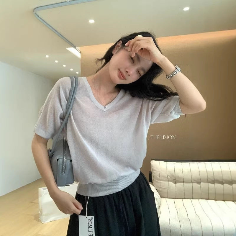 【LSC1097】實拍檸檬日系極簡慵懶風☕百搭寬鬆顯瘦V領套頭短袖針織衫260408