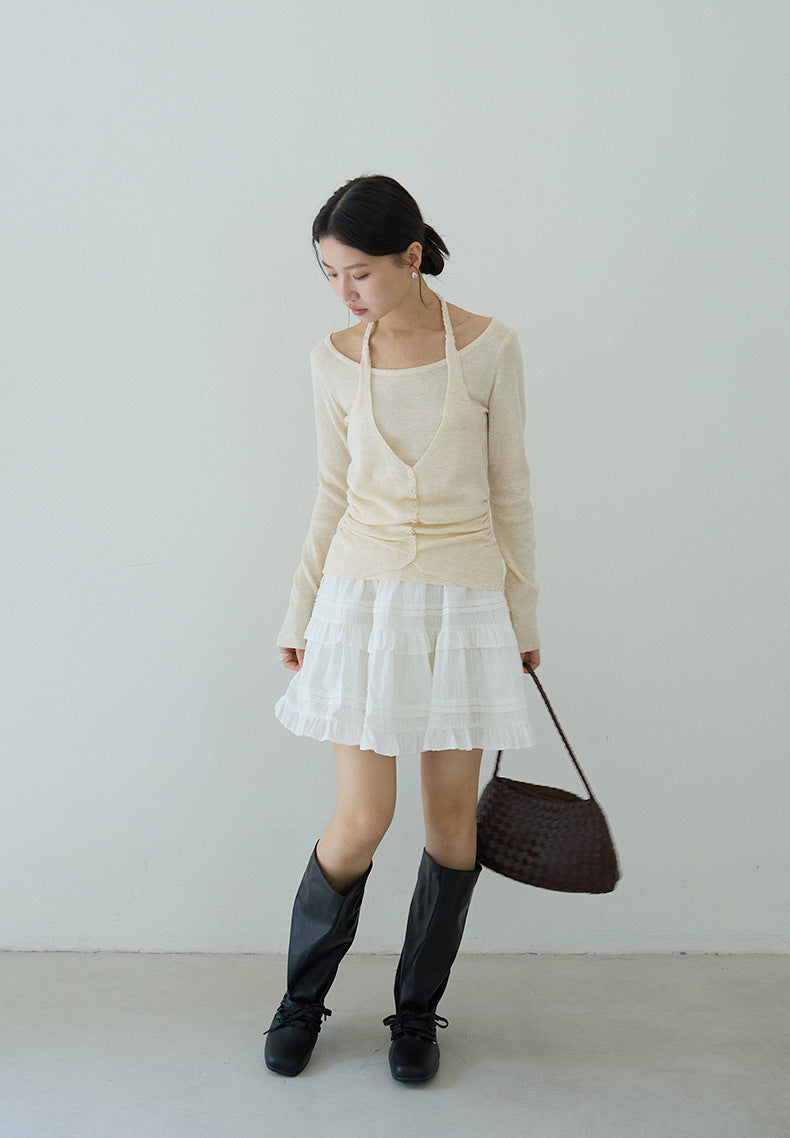 【LD11170】實拍韓系純慾微性感✨淡紫掛脖假兩件收腰顯瘦長袖針織衫260317