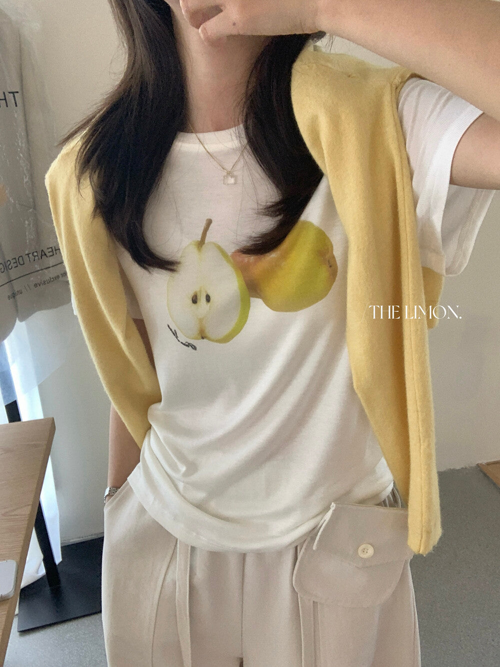 【L10283】實拍檸檬家檸檬圓領正肩小青梨印花短袖T恤260310