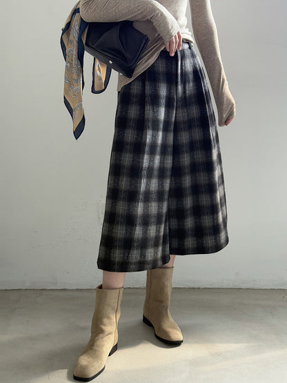 【YG8095】實拍日系復古呢料格紋直筒七分闊腿褲251016