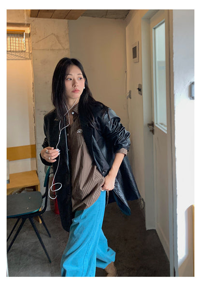 【H5398】實拍韓系高級感黑色皮衣西裝外套250902