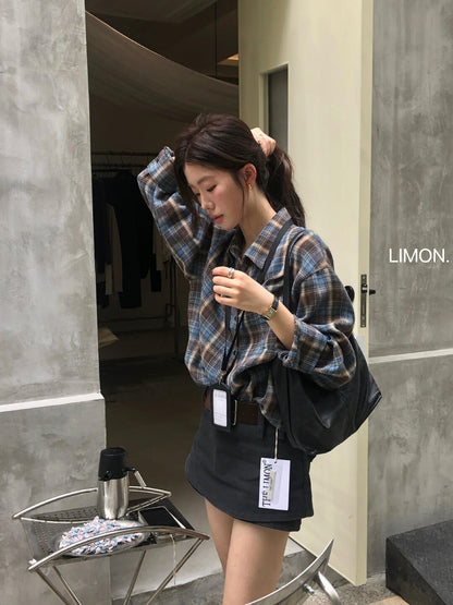 【L11087】檸檬早秋新款慵懶輕質感格紋寬鬆顯瘦長袖襯衫260728