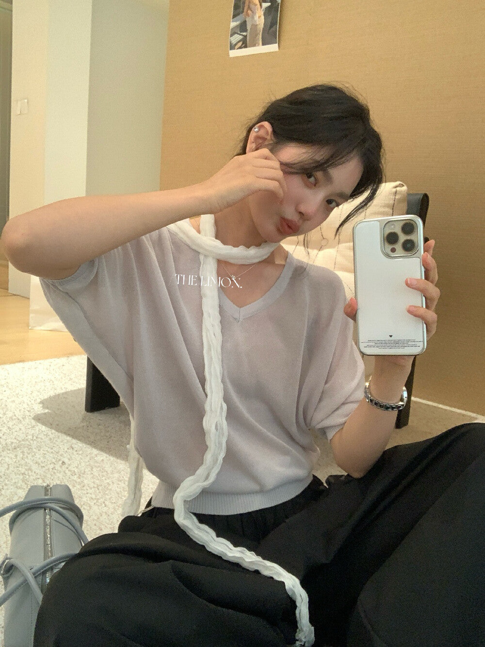 【LSC1097】實拍檸檬日系極簡慵懶風☕百搭寬鬆顯瘦V領套頭短袖針織衫260408