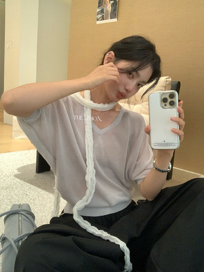 【LSC1097】實拍檸檬日系極簡慵懶風☕百搭寬鬆顯瘦V領套頭短袖針織衫260408