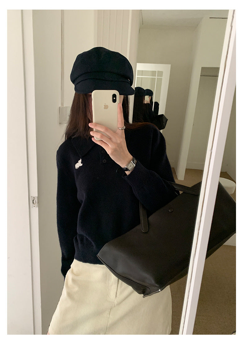 【H564】實拍貓咪刺繡Polo針織衫251021