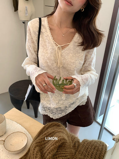 【L11209】檸檬家精緻重工・繡花蕾絲V領長袖上衣260909