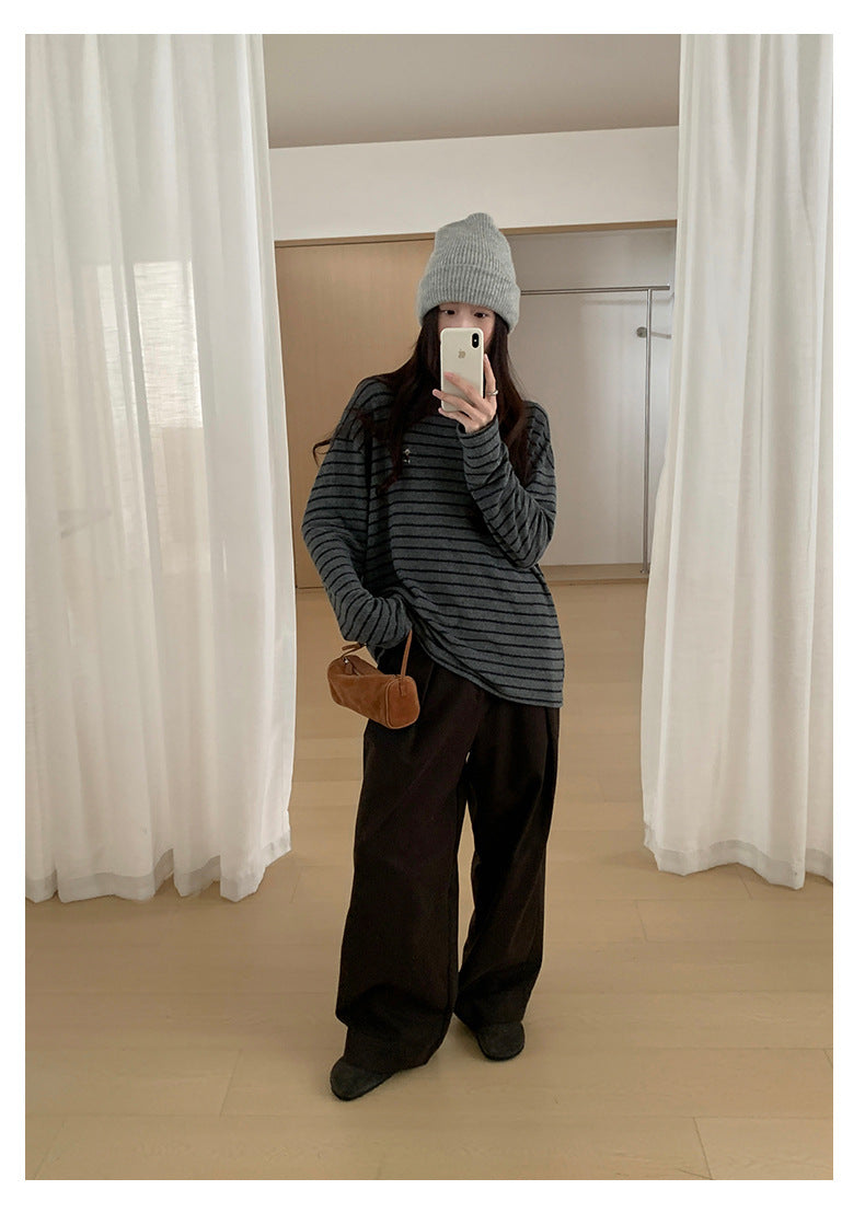 【H572】實拍復古磨毛刺繡條紋圓領T恤251021