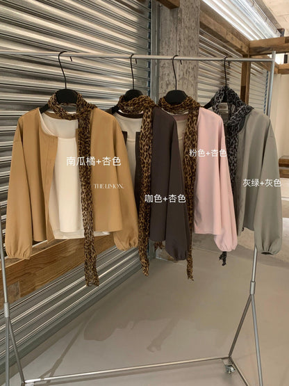 【L11291】檸檬家氣質層次・輕薄短外套＋螺紋背心 套裝 (附絲巾)260909