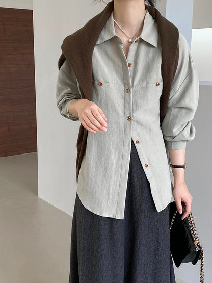 【cim6112】實拍韓國法式氣質天絲亞麻長袖襯衫251030