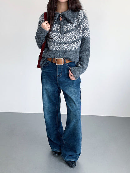 【LD11004】實拍兔絨毛混紡費爾島針織毛衣半拉鏈大翻領251110