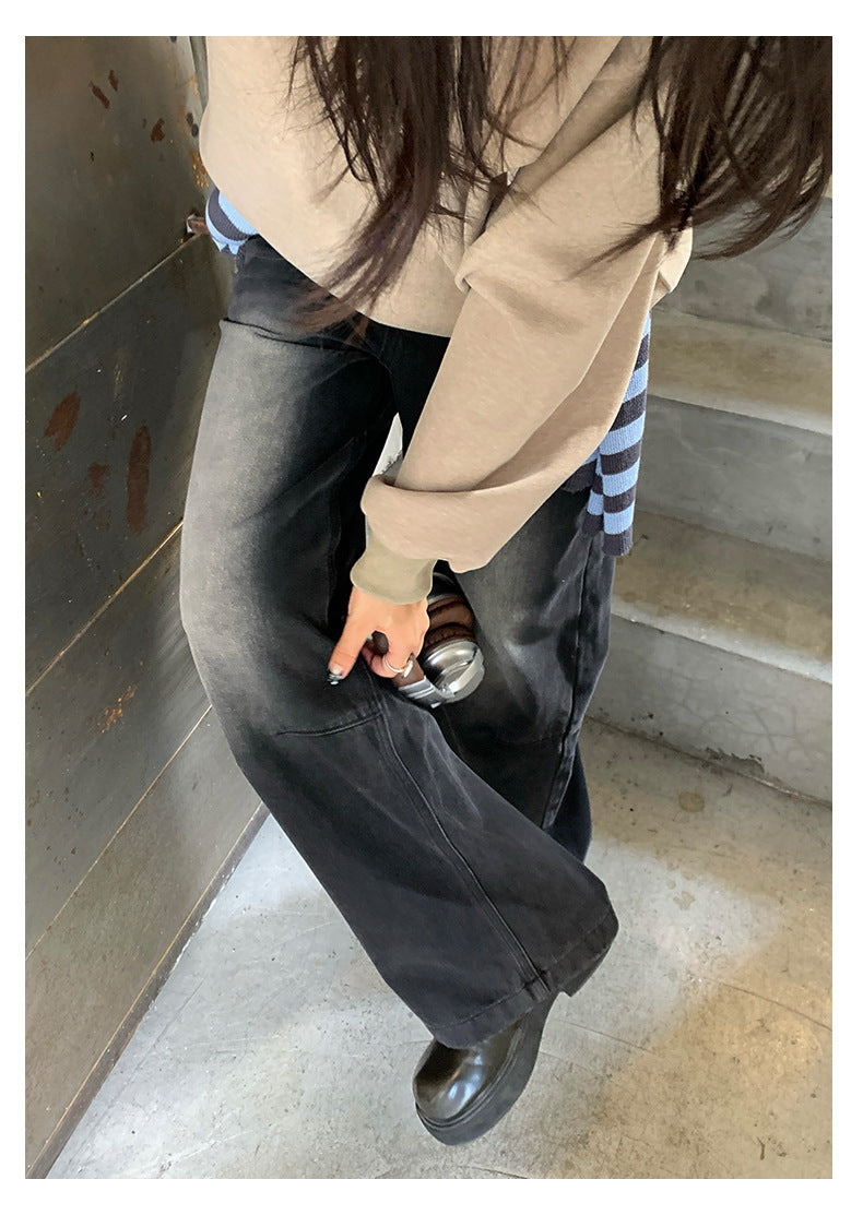 【H5402】實拍復古做舊洗水黑灰色廓形牛仔褲250902