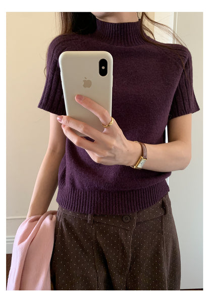 【H5516】實拍高領氣質短袖針織衫251125