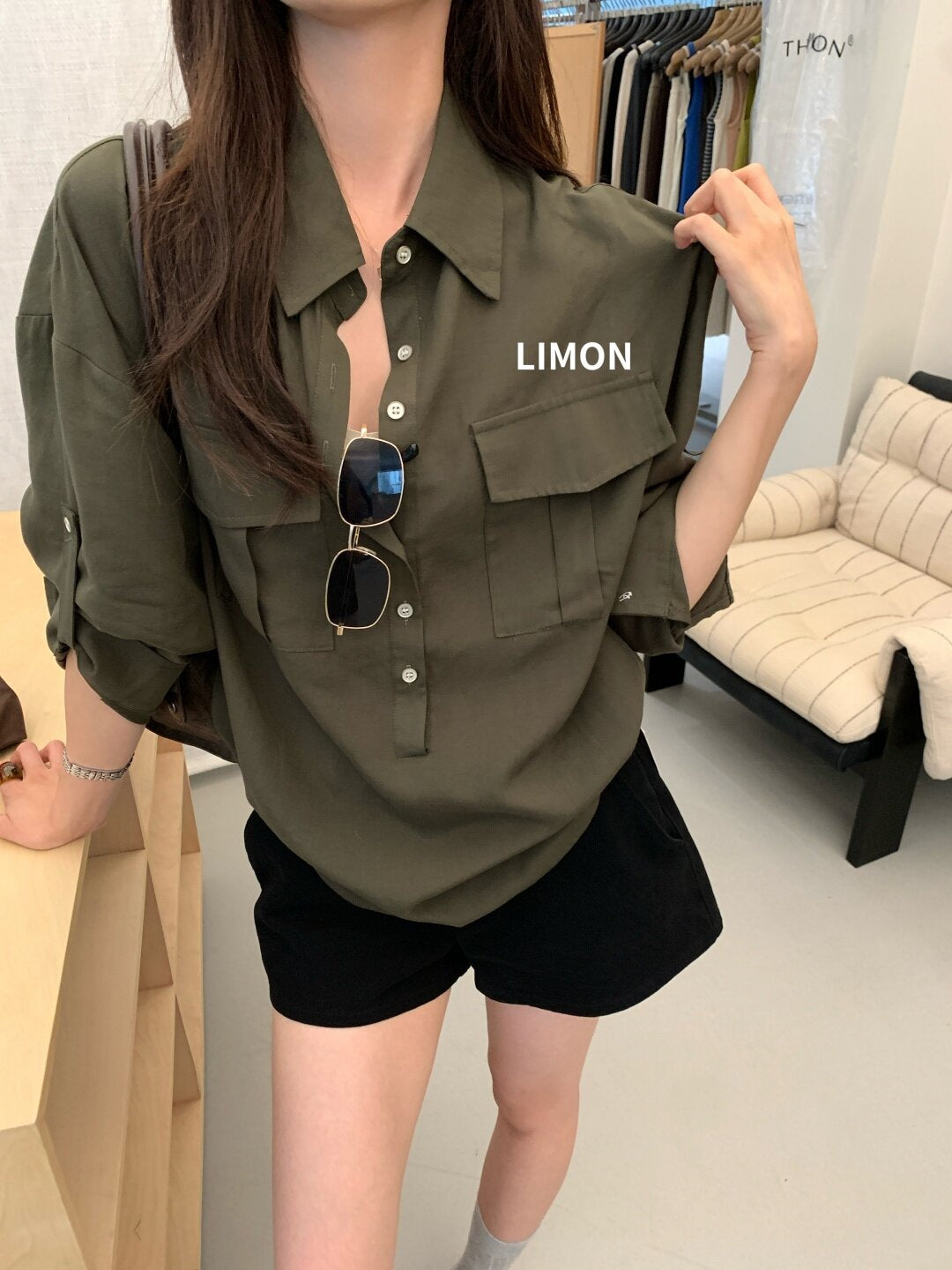 【L11321】檸檬家慵懶率性・工裝風寬鬆翻領長袖襯衫260921