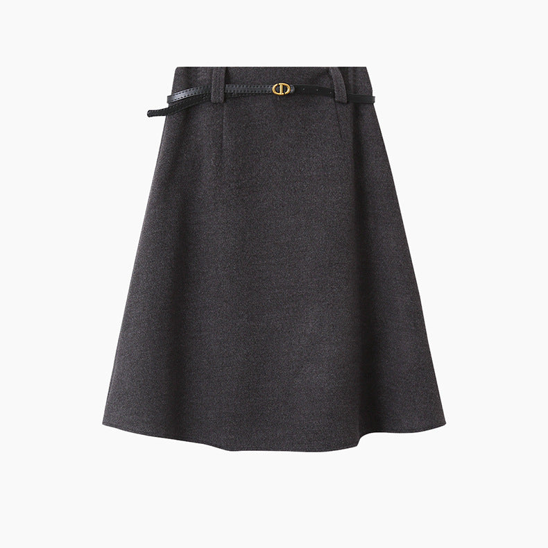 【LD11070】實拍氣質毛呢A字傘裙＋腰帶251209