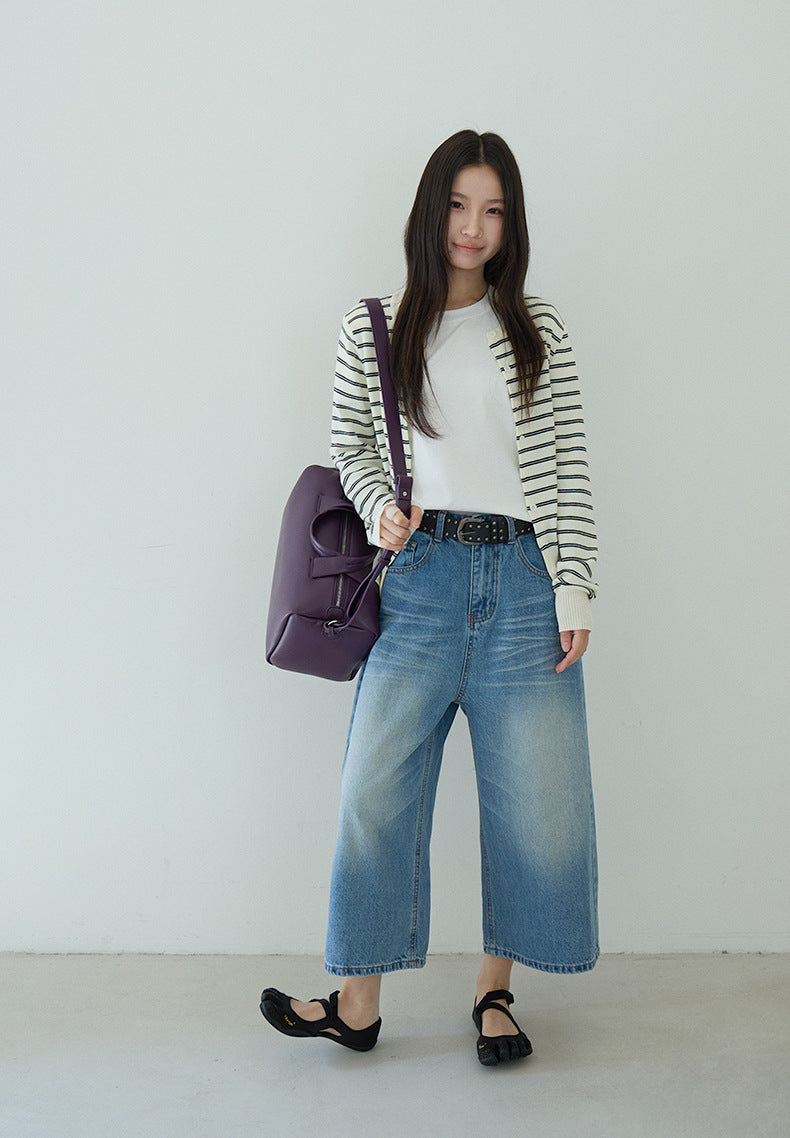 【LD11179】實拍S~XL美式復古時髦✨水洗藍刷破貓鬚寬鬆九分牛仔寬褲260317