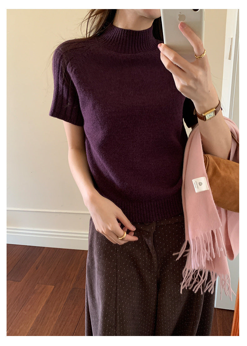 【H5516】實拍高領氣質短袖針織衫251125