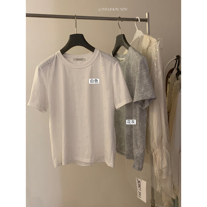 【L10650】韓系簡約日常☁️質感提花刺繡百搭寬鬆顯瘦圓領短袖T恤

260518