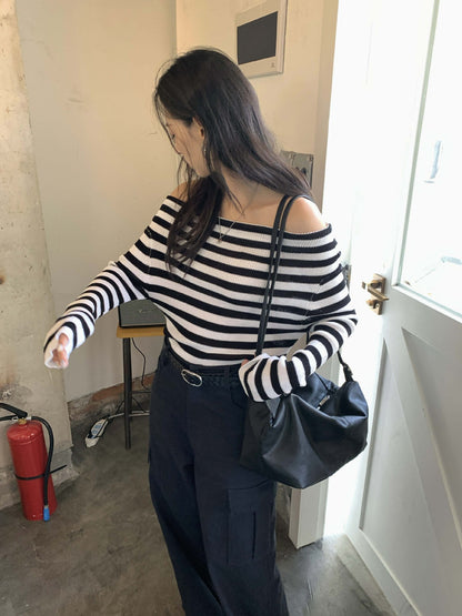 【H5399】實拍韓系簡約氣質一字領露肩針織衫250902