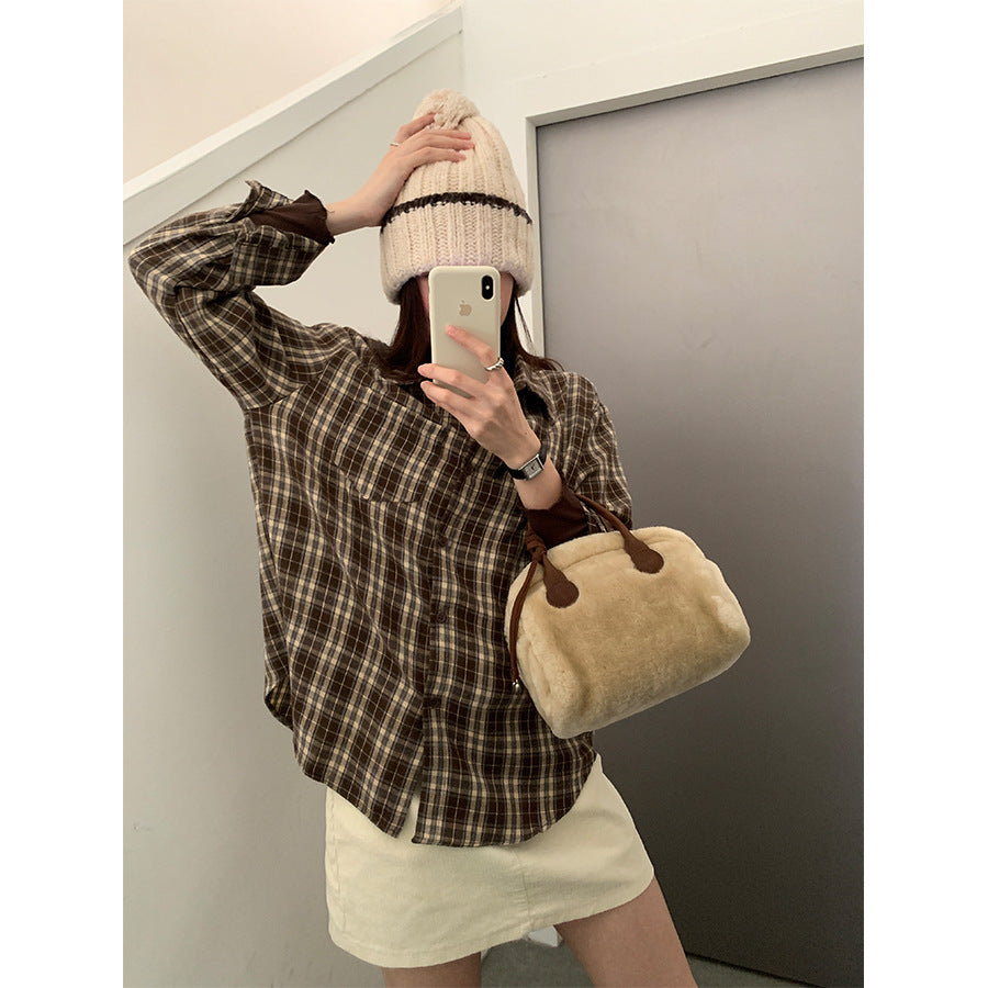 【H570】實拍復古寬鬆毛呢格子襯衫外套251021