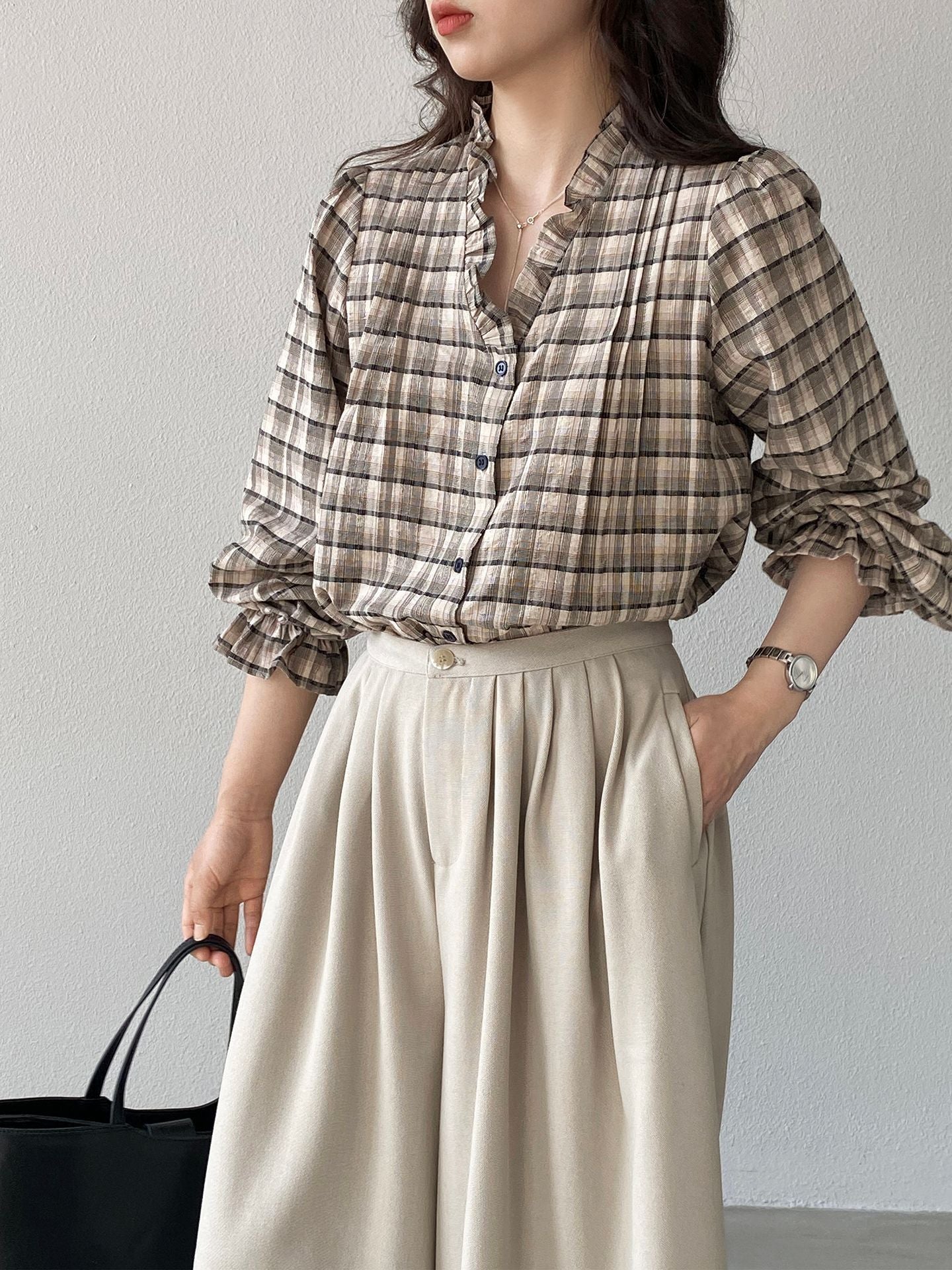 【cimz6509】復古浪漫主義🌹精緻木耳邊格紋長袖襯衫260319