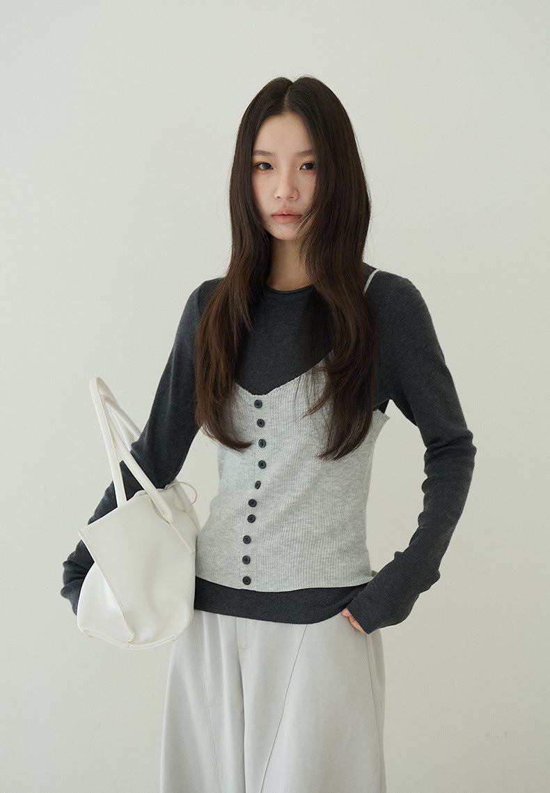 【LD11159】實拍修身顯瘦必備！假2件細肩帶背心+長袖針織衫260309