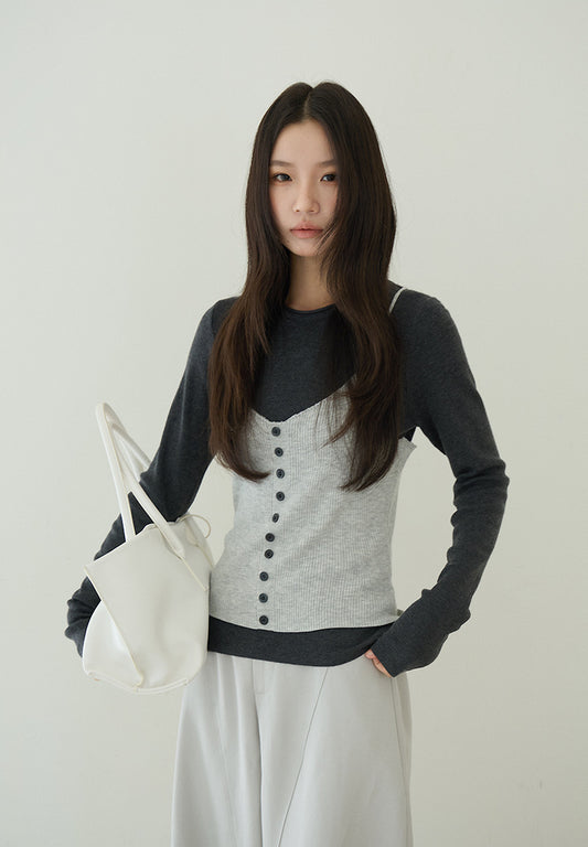 【LD11159】實拍修身顯瘦必備！假2件細肩帶背心+長袖針織衫260309