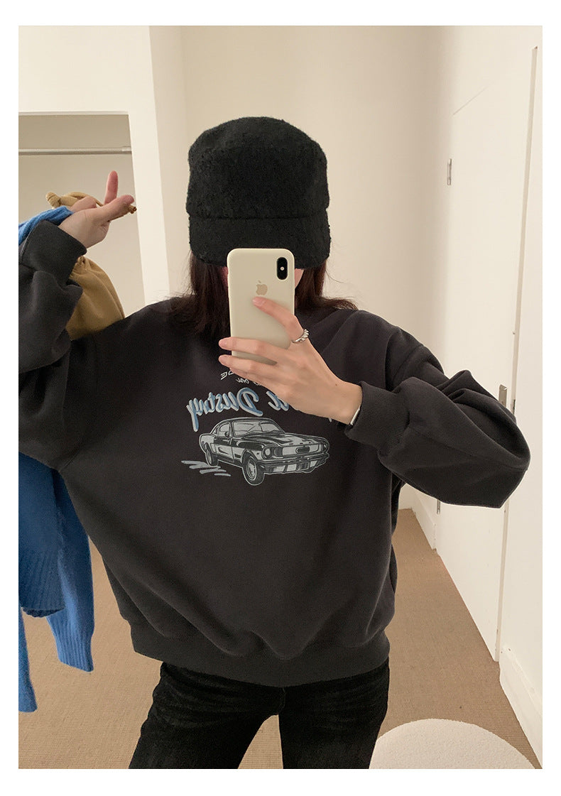 【H573】實拍美式汽車印花寬鬆圓領衛衣251021