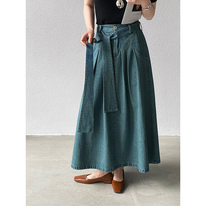 【cimz6517】實拍韓系簡約休閒風✨高腰顯瘦綁帶A字長版牛仔裙260409