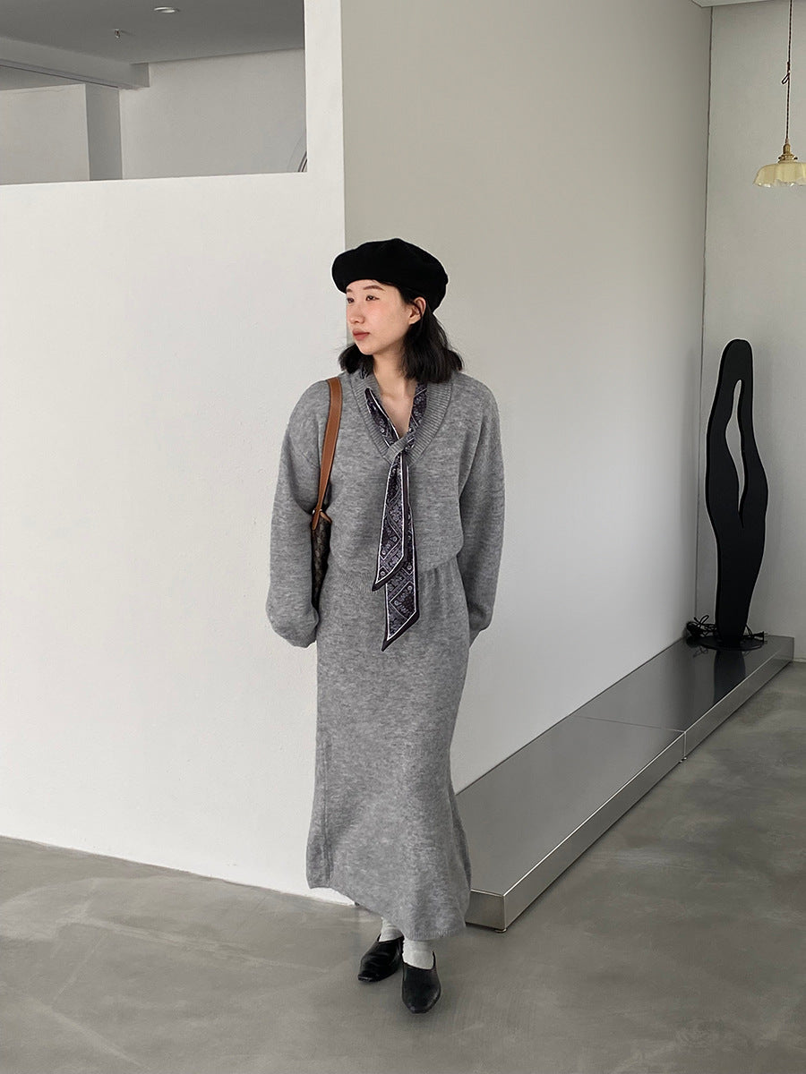 【cim823】實拍韓系軟糯短版針織毛衣+絲巾+針織長裙251030