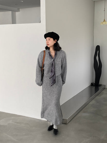 【cim823】實拍韓系軟糯短版針織毛衣+絲巾+針織長裙251030