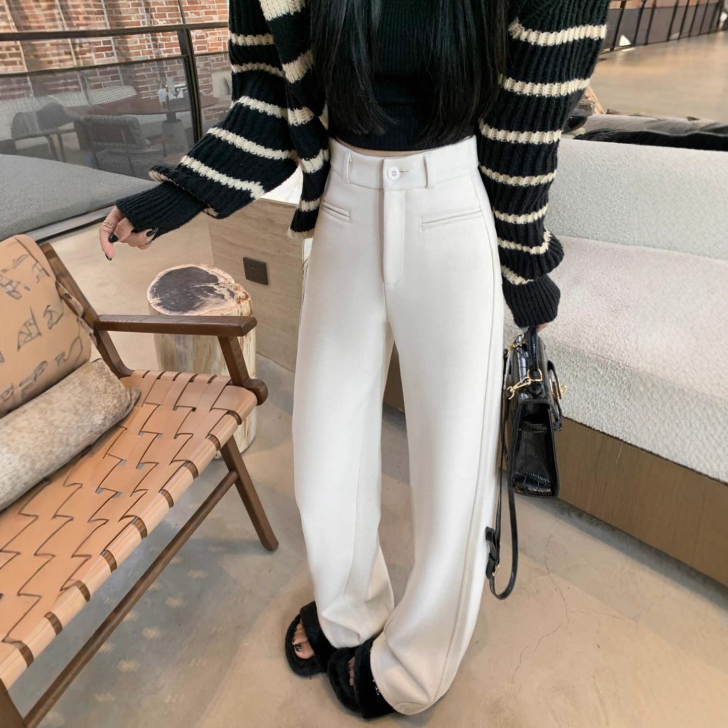 【LY9588】實拍Y.JIA 簡約毛呢加絨加厚微喇休閒褲251208