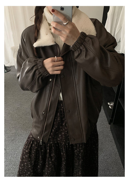 【H5485】實拍高級感毛領PU皮衣夾棉加厚外套251109