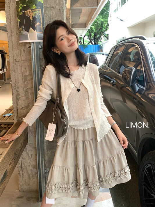 【L11075】檸檬秋季新品時髦肌理感木耳邊長袖小外套+背心兩件套裝260728