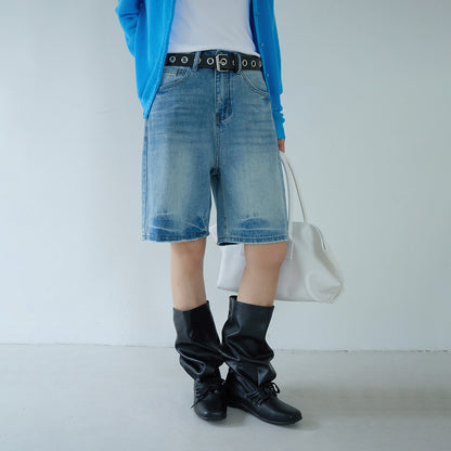 【LD11214】實拍美式復古休閒👖高腰水洗寬鬆直筒牛仔五分褲/中褲260331