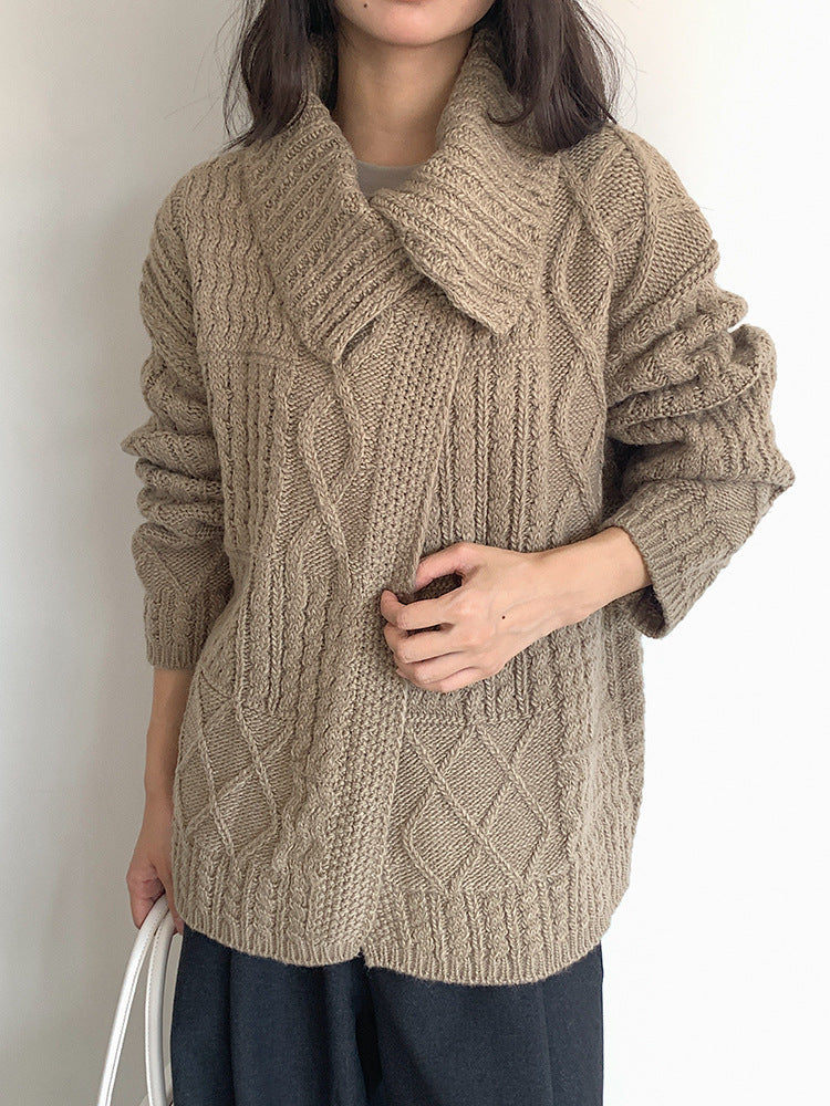 【LD3297】實拍復古立體厚實絞花大翻領毛衣外套251103