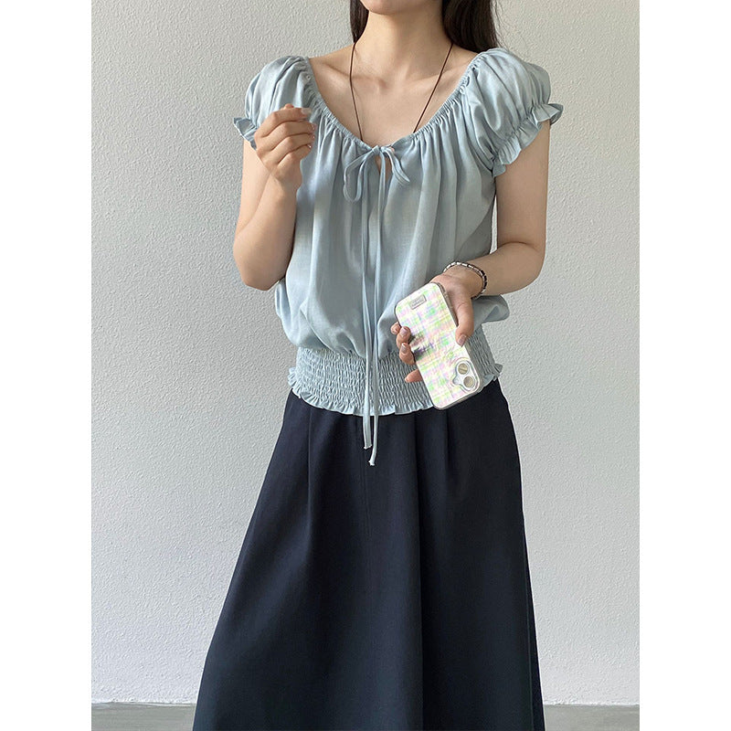 【cimz1897】法式復古甜美🎀天絲亞麻氣質收腰綁帶短袖襯衫260520