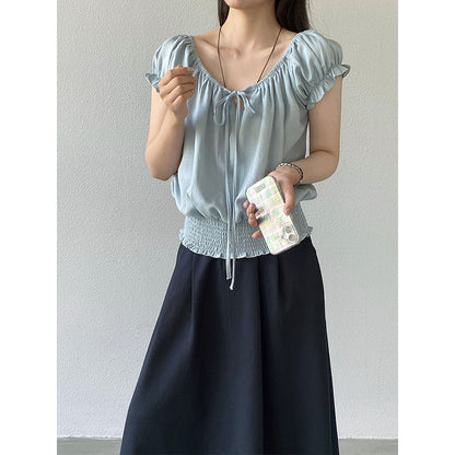 【cimz1897】法式復古甜美🎀天絲亞麻氣質收腰綁帶短袖襯衫260520