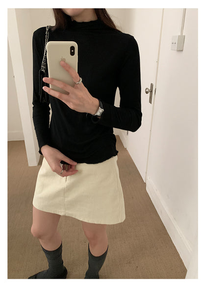 【H568】實拍基礎款木耳邊半高領純色打底衫251021