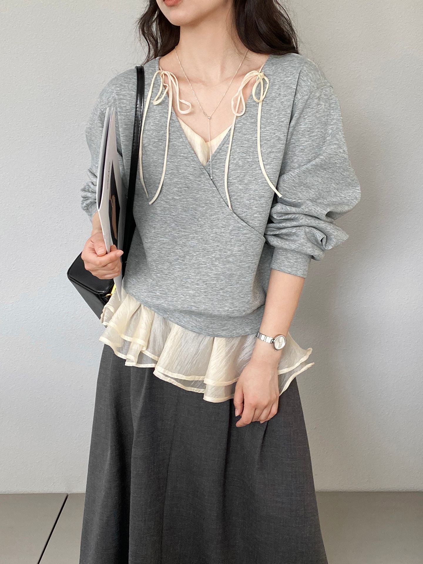 【cimz1793】芭蕾女伶風🩰層次疊穿假兩件綁帶雪紡t-shirt 260319