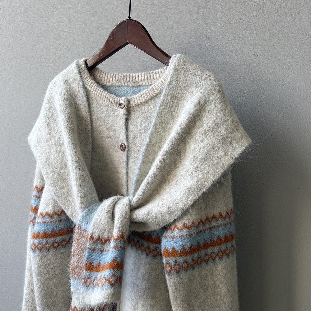 【YP6106】 實拍費爾島提花針織外套＋圍巾(含羊毛3%) 251023