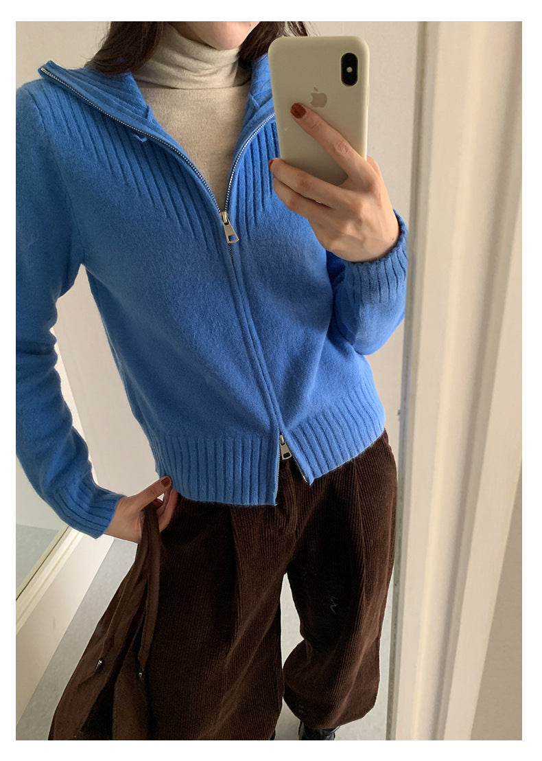 【H559】實拍個性雙拉鍊高領針織外套251021