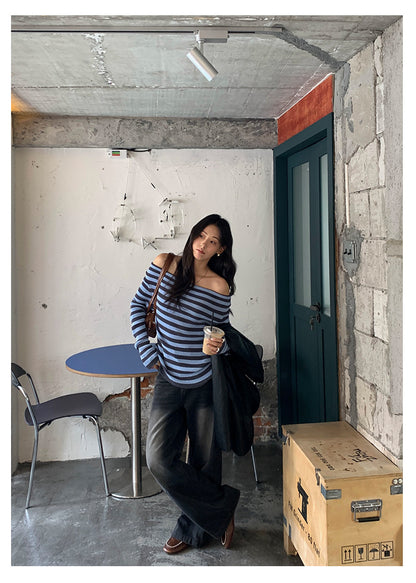 【H5402】實拍復古做舊洗水黑灰色廓形牛仔褲250902