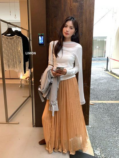 【L11268】檸檬家質感氛圍・飄帶網紗拼接斜肩修身上衣260916