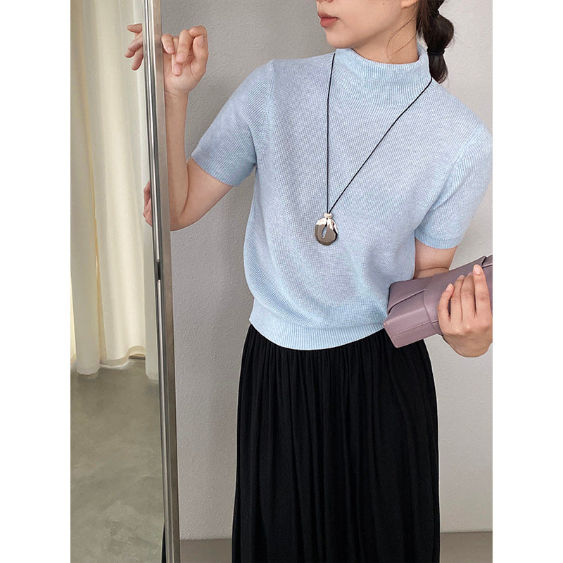 【cimz0663】實拍四季隨意搭☁️韓系半高領顯瘦短袖針織T恤/上衣260409