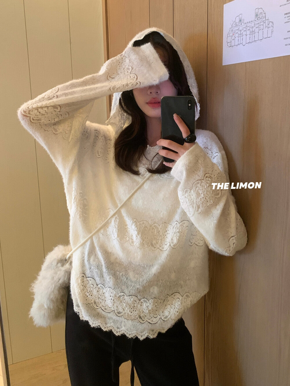 【L9359】實拍檸檬秋冬重工鈎花蕾絲寬鬆連帽蕾絲衫251117