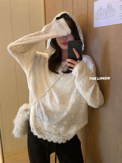 【L9359】實拍檸檬秋冬重工鈎花蕾絲寬鬆連帽蕾絲衫251117